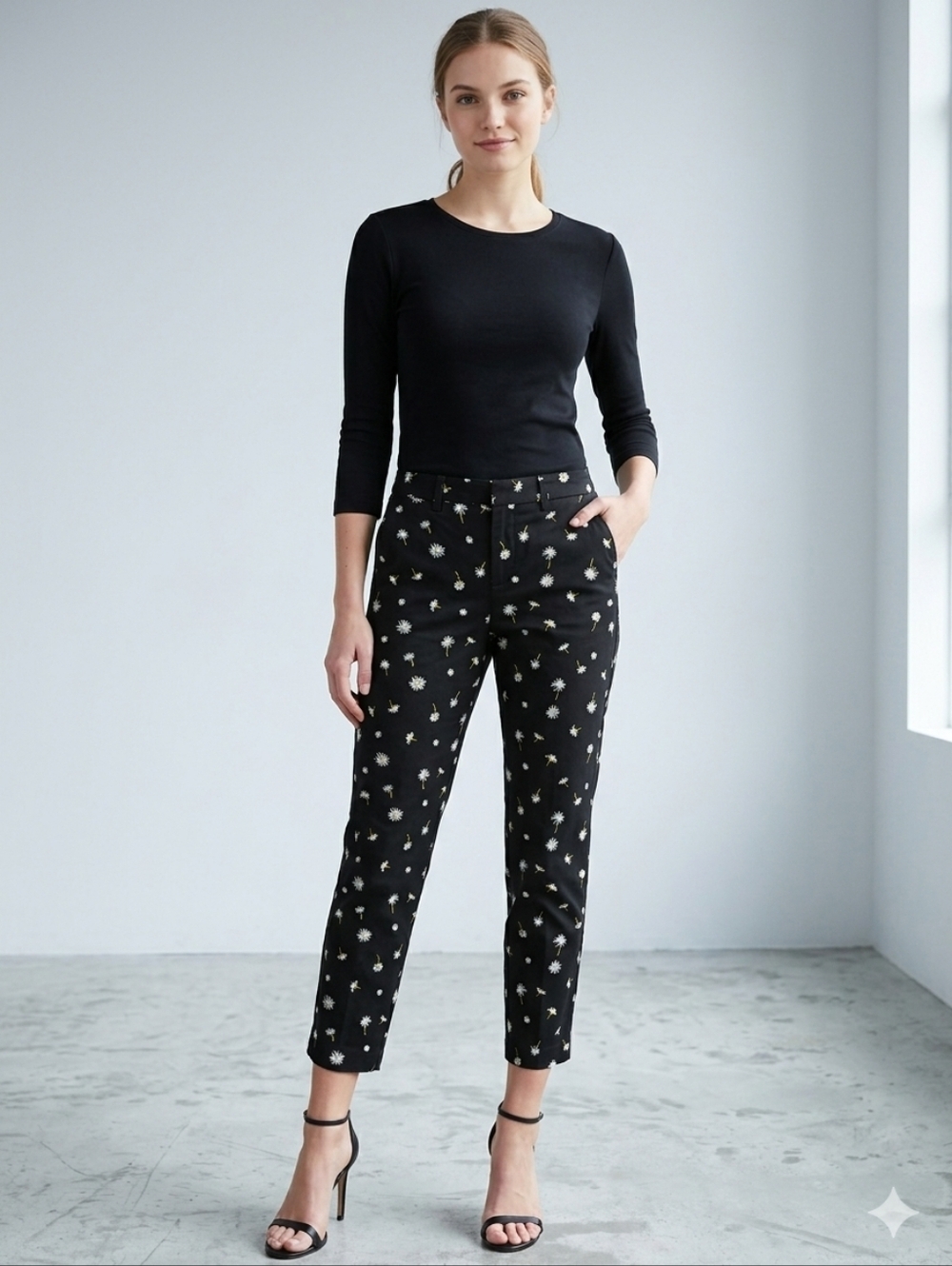 NWT GAP Slim City Crop Pant Black Dandelion Floral Print - 0